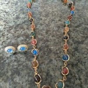 Multicolored Necklace & Blue Earrings